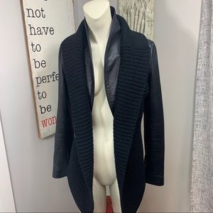 Women’s Black Leather & Knit Open-Front Jacket